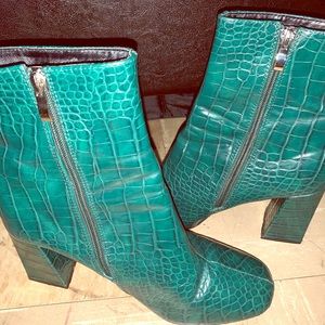 Green Croc Print Block Heel Booties